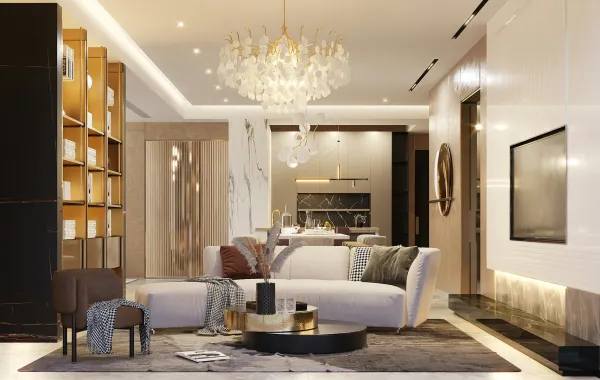 منطقة معيشة تتبع النمط المفتوح في التصميم مع إضاءة مميزة