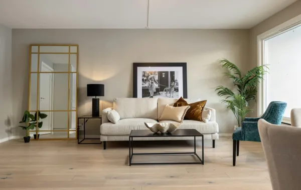 غرفة معيشة فسيحة ومضاءة