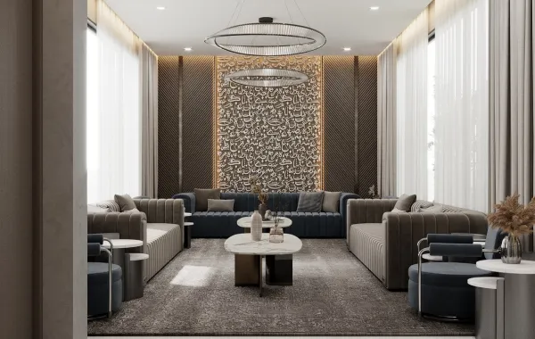 مجلس مزين بجدارية منفذة بالخط العربي