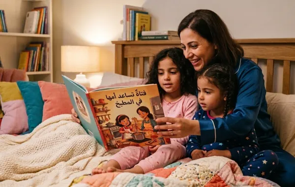 صورة أم تقرأ لبناتها