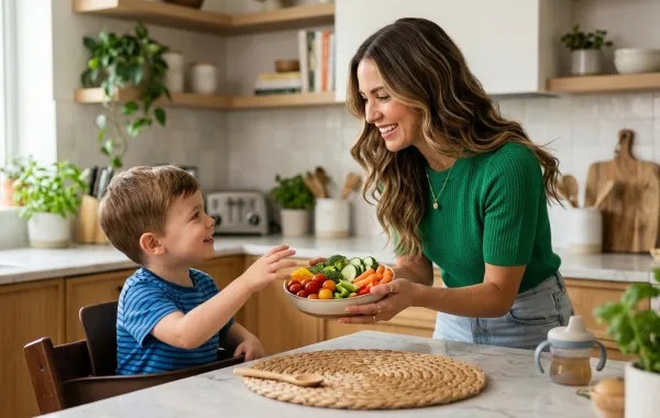 صورة أم تقدم الأغذية السليمة لابنها