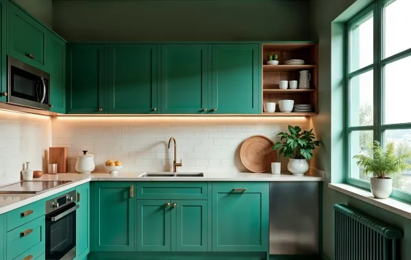 مطبخ مع خزائن خضراء زمردية لكن موضتها سريعة الزوال