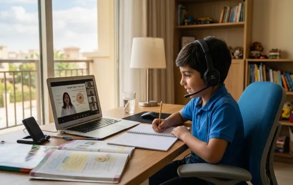 صورة طفل يدرس عن بعد