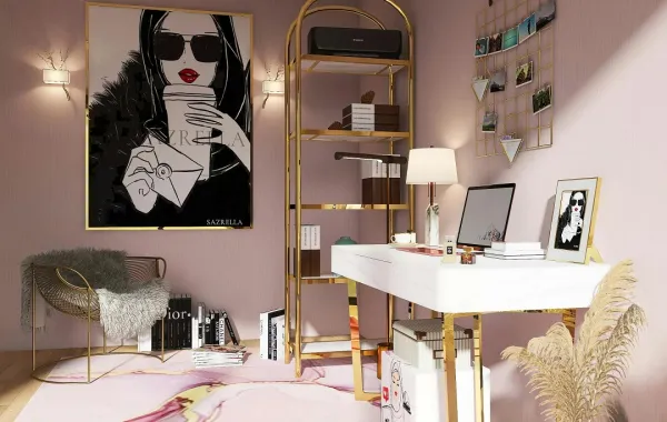 تصميم مكتب منزلي مودرن باللون الوردي مع لمسات ذهبية