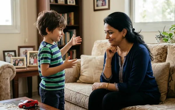 صورة طفل يروي الخيال لأمه