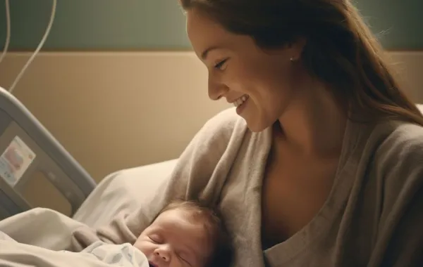 صورة لأم تحمل مولودها بعد الولادة في المستشفى
