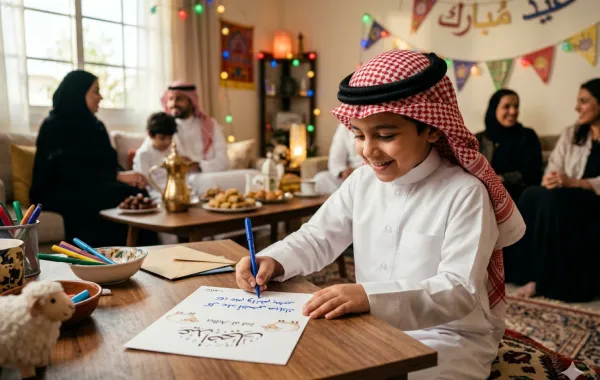 صورة طفل يكتب بطاقة