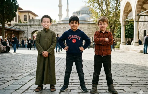 صورة ثلاثية لطفل عربي وأجنبي وتركي