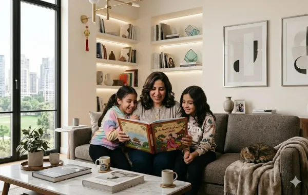 صورة أم تقرأ لابنتيها القصص