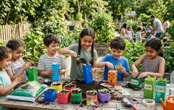 صورة أطفال يعدون حديقة من علب العصائر