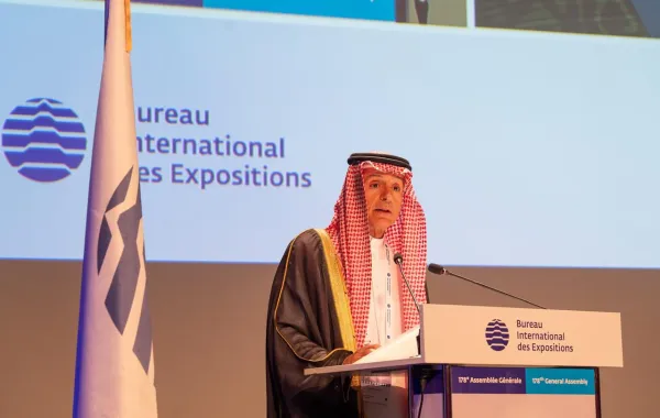 وزير الدولة للشؤون الخارجية بالسعودية والمفوّض العام لإكسبو 2030 الرياض عادل الجبير خلال مشاركته في الجمعية العامة للمكتب الدولي للمعارض