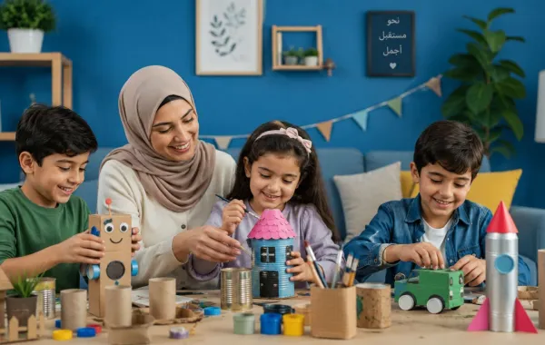 صورة تعبر عن أطفال مع أمهم ويقومون بإعادة تدوير العلب القديمة