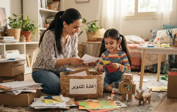 صورة أم وابنتها تجمعان الأوراق