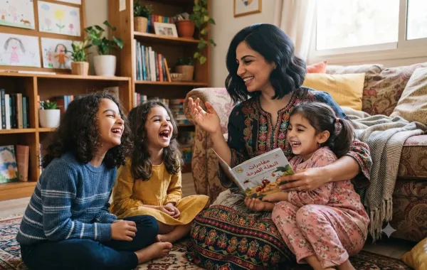 صورة أم تقرأ القصص لبناتها
