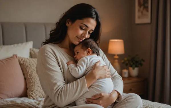 صورة لأم تضم مولودها إلى صدرها بعد إرضاعه