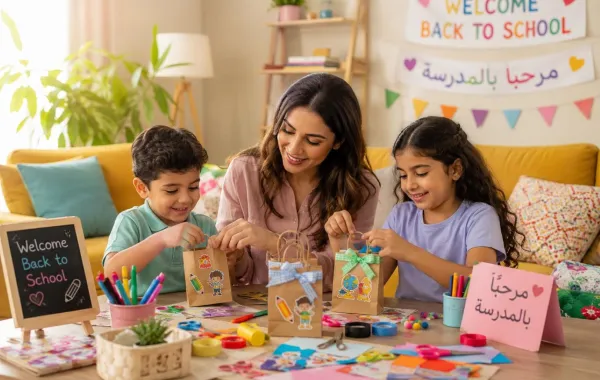 صورة لأم تعِد هدايا منزلية مع أطفالها