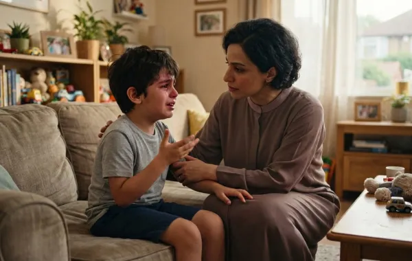 صورة أم مع طفلها متقلب المزاج