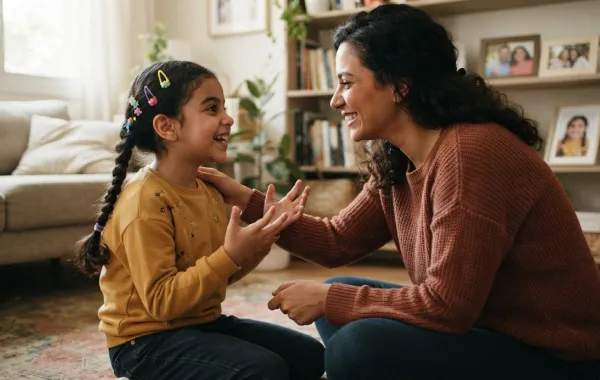 صورة لأم تتحدث مع طفلتها