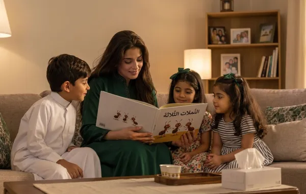 صورة لأم تقرأ قصصاً لأطفالها عن التعاون