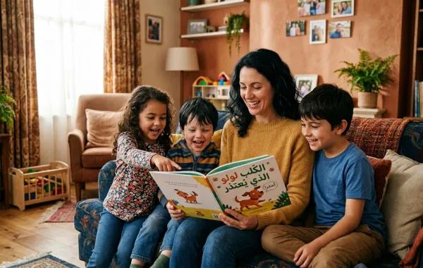 صورة لأم تجمع أطفالها حول قصة تربوية