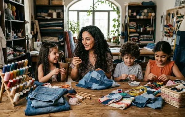 صورة مشاريع مدرسية من الملابس القديمة مع الأطفال