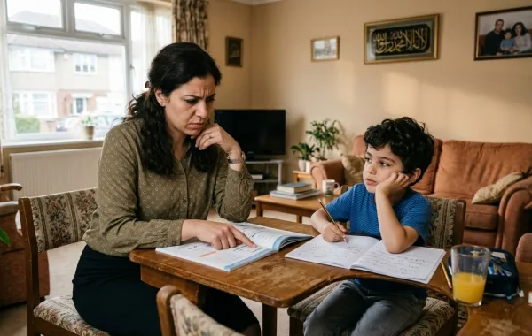 صورة لأم مستاءة من بطء طفلها