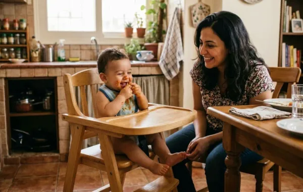 صورة لرضيع يأكل طعامه بيده 