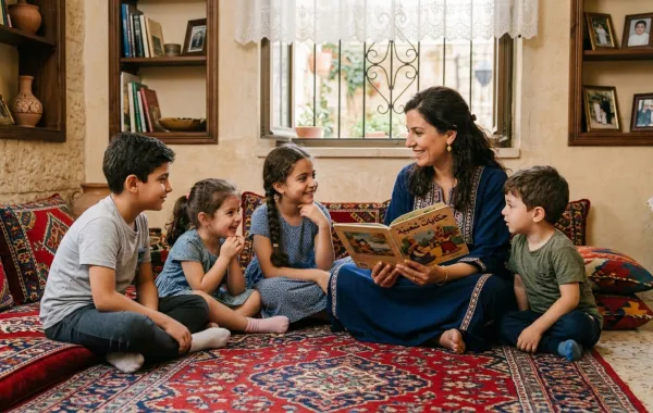 صورة لأم تروي حكايات شعبية لأطفالها