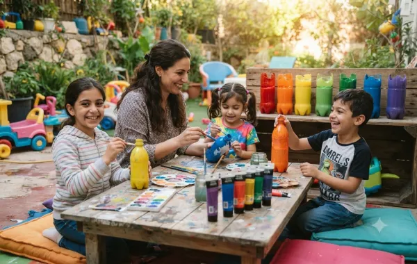 صورة لأم تصنع زجاجات بولنج مع أطفالها