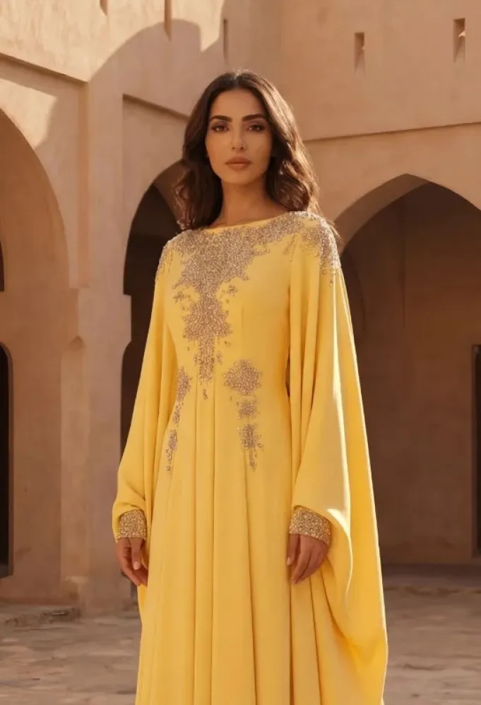 قفطان أصفر من مجموعة سِحر للمصممين خالد ومروان - الصورة من العلامة