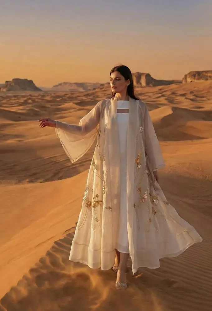 عباية بيج من الأورغنزا من سوي عبايا Sui Abaya-  الصورة من حساب العلامة على انستغرام 