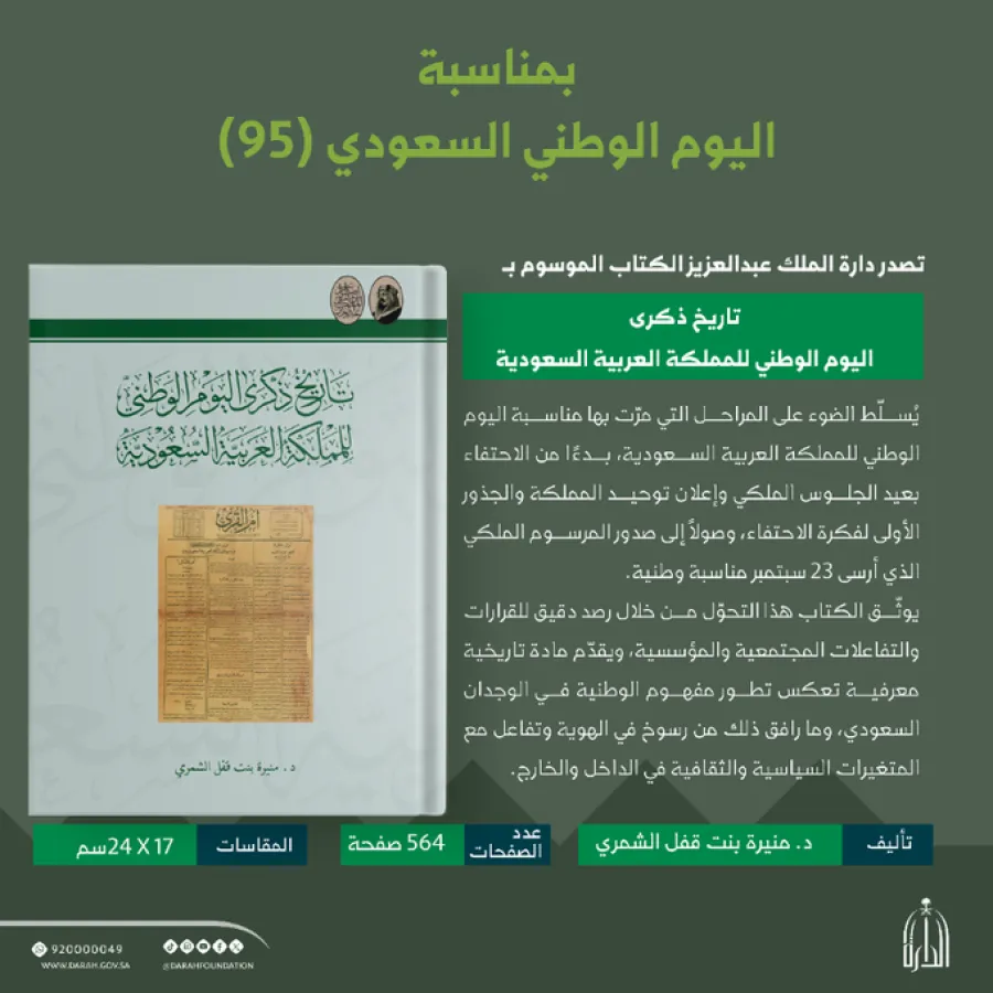 كتاب تاريخ ذكرى اليوم الوطني للمملكة العربية السعودية. الصورة من الحساب الرسمي لدارة الملك عبدالعزيز على منصة x