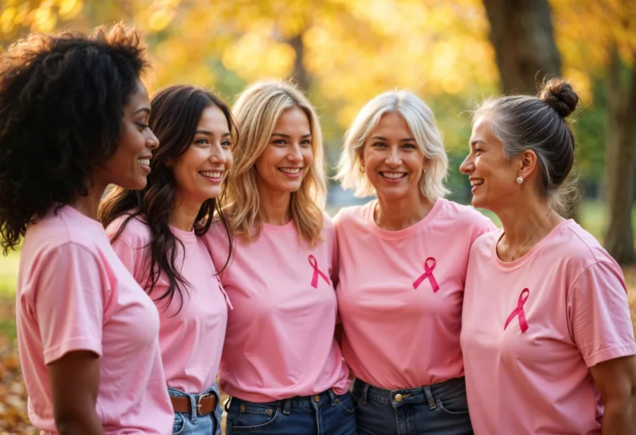مجموعة من النساء يدعمن المصابات بسرطان من خلال ارتداء الشريط الوردي أيقونة سرطان الثدي