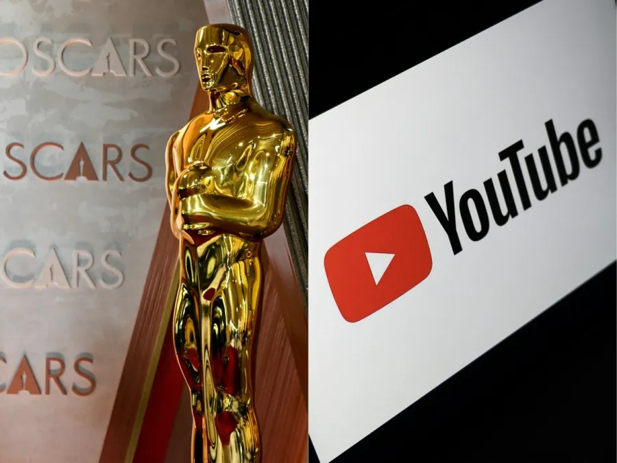شعار يوتيوب وتمثال الأوسكار (يسارًا) في هوليوود، كاليفورنيا (  The YouTube logo and an Oscar statuette (left) in Hollywood, California ).  مصدر الصورة:ANGELA WEISS / AFP
