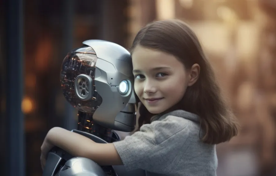 صورة لطفلة تحتضن الروبوت