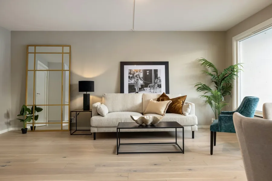 غرفة معيشة فسيحة ومضاءة