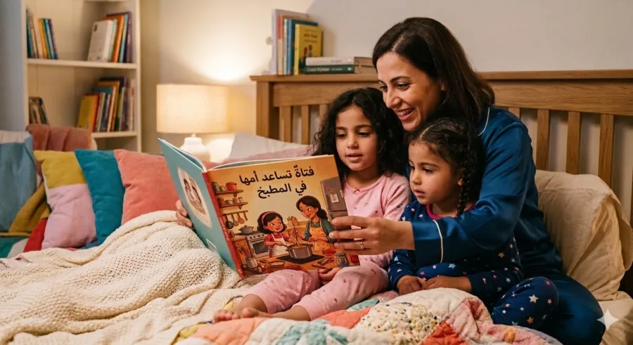 صورة أم تقرأ لبناتها